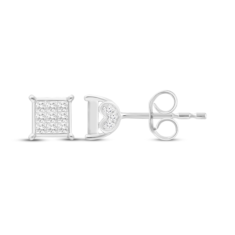 Main Image 1 of Princess-Cut Diamond Square Stud Earrings with Heart Sides 1/3 ct tw 10K White Gold