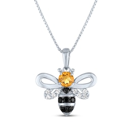 Citrine, Black Onyx & White Lab-Created Sapphire Bee Necklace Sterling Silver 18&quot;