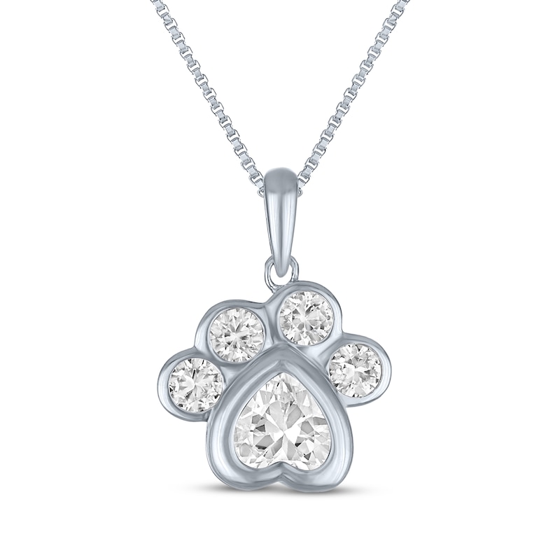 Main Image 1 of Heart-Shaped & Round-Cut White Lab-Created Sapphire Paw Print Necklace Sterling Silver 18&quot;