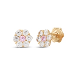 Children's Pink & White Cubic Zirconia Flower Earrings 14K Yellow Gold