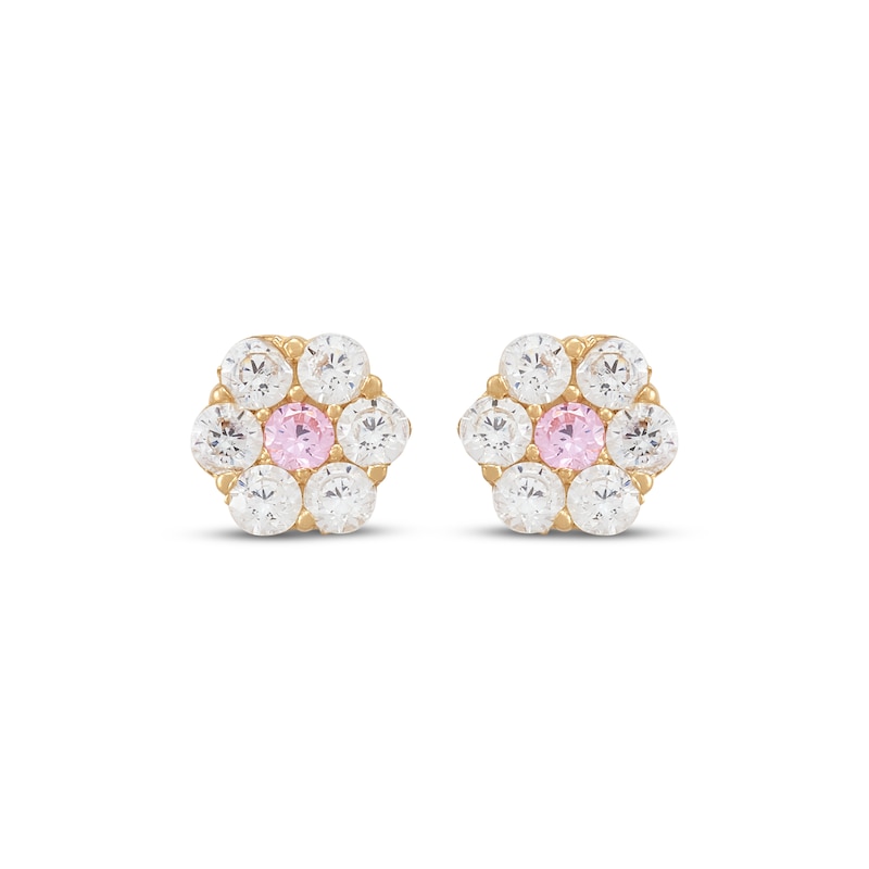 Main Image 2 of Children's Pink & White Cubic Zirconia Flower Earrings 14K Yellow Gold