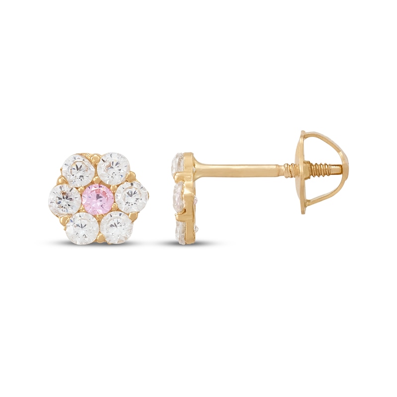 Main Image 3 of Children's Pink & White Cubic Zirconia Flower Earrings 14K Yellow Gold