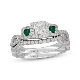 Neil Lane Princess-Cut Diamond & Emerald Three-Stone Bridal Set 7/8 ct tw 14K White Gold