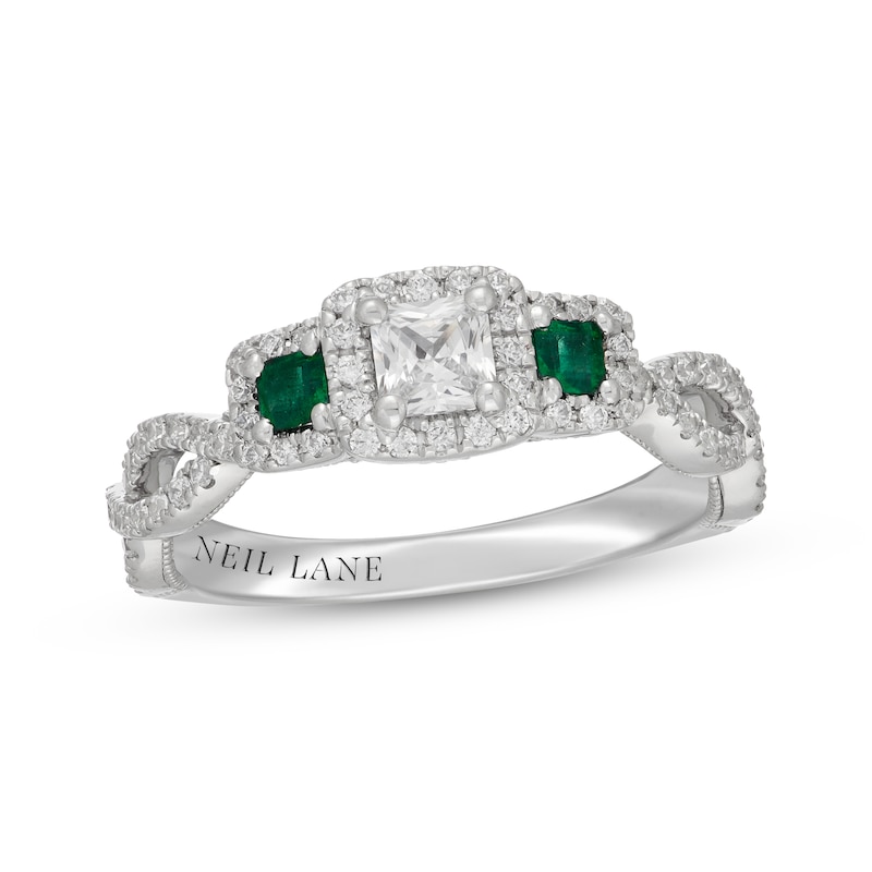 Main Image 1 of Neil Lane Princess-Cut Diamond & Natural Emerald Three-Stone Engagement Ring 5/8 ct tw 14K White Gold