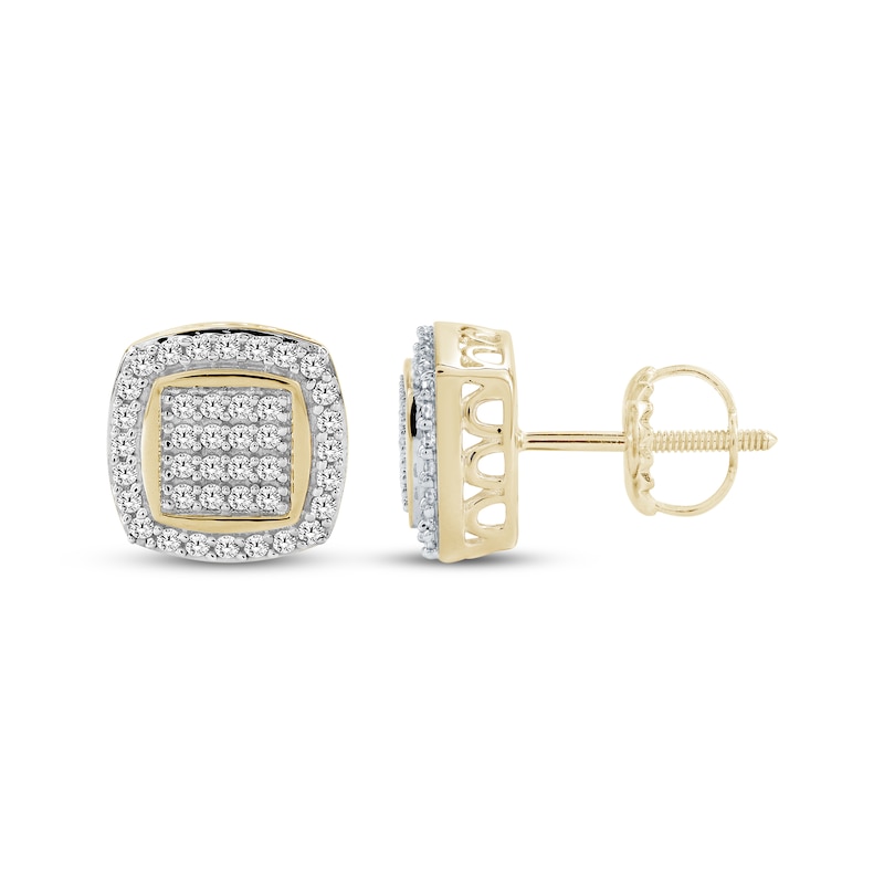 Main Image 1 of Men's Multi-Diamond Cushion Halo Stud Earrings 1/3 ct tw 10K Yellow Gold