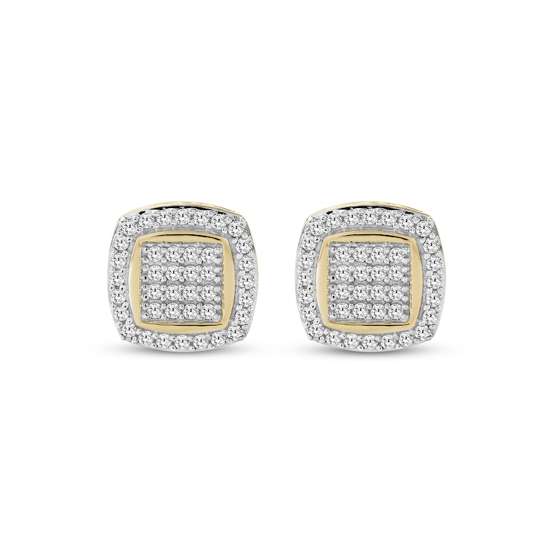 Main Image 2 of Men's Multi-Diamond Cushion Halo Stud Earrings 1/3 ct tw 10K Yellow Gold