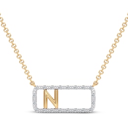 Diamond N Initial Rectangle Necklace 1/10 ct tw 10K Yellow Gold 18&quot;