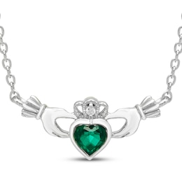 Heart-Shaped Lab-Created Emerald & White Lab-Created Sapphire Claddagh Necklace Sterling Silver 18&quot;