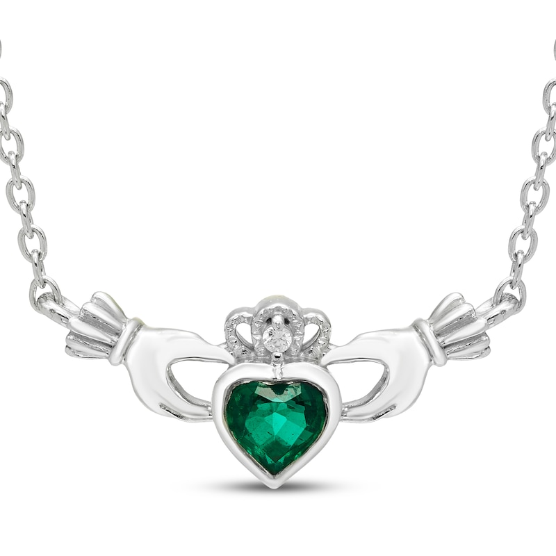 Main Image 1 of Heart-Shaped Lab-Created Emerald & White Lab-Created Sapphire Claddagh Necklace Sterling Silver 18&quot;