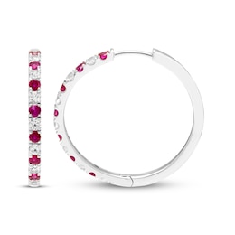 Lab-Created Ruby & White Lab-Created Sapphire Hoop Earrings Sterling Silver