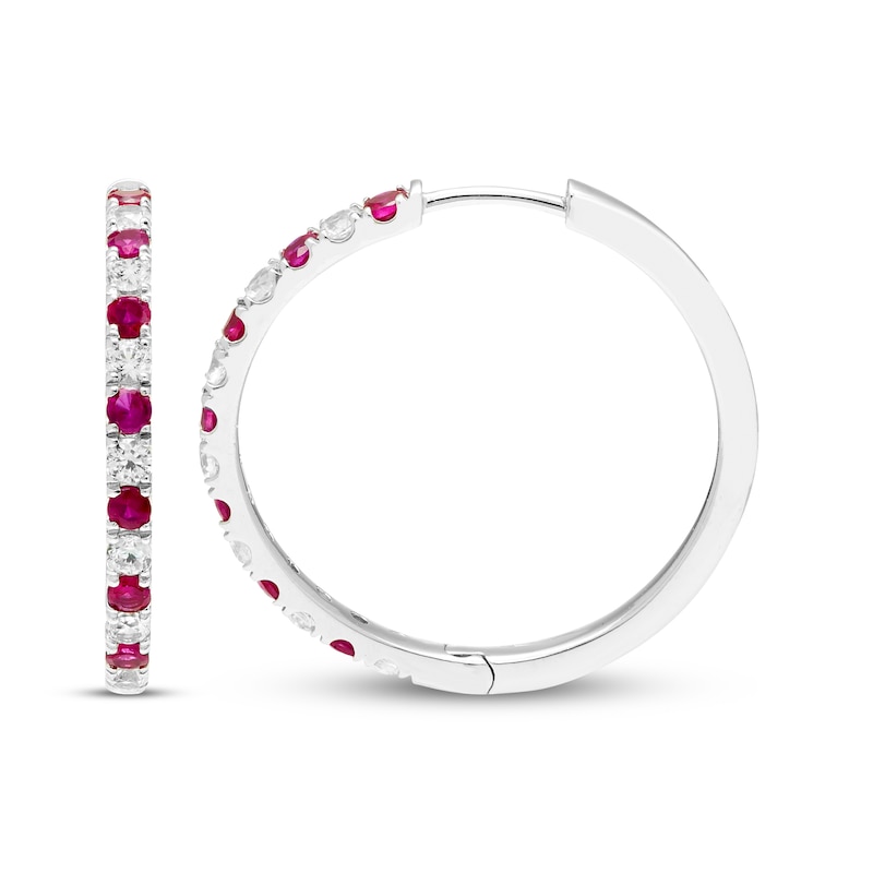 Main Image 1 of Lab-Created Ruby & White Lab-Created Sapphire Hoop Earrings Sterling Silver