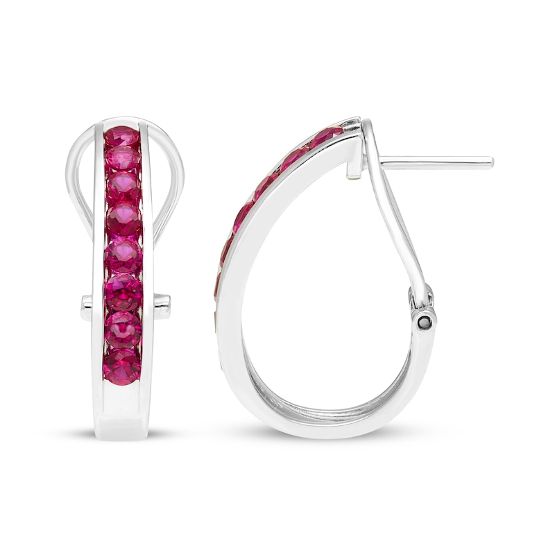 Main Image 3 of Lab-Created Ruby & White Lab-Created Sapphire Hoop Earrings Sterling Silver