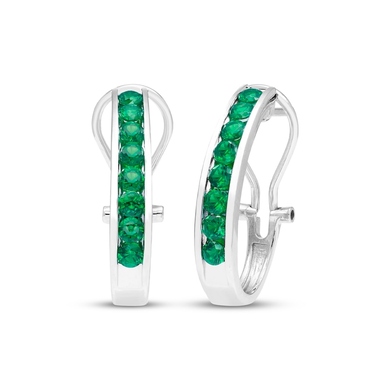 Main Image 1 of Lab-Created Emerald Channel Hoop Earrings Sterling Silver