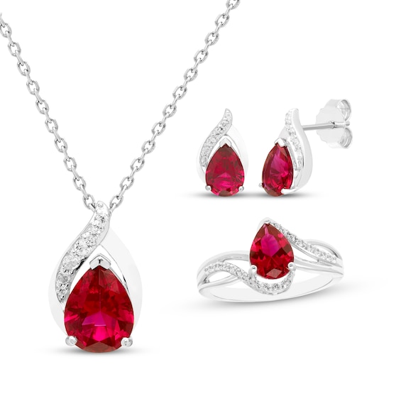 Pear-Shaped Lab-Created Ruby & White Lab-Created Sapphire Gift Set Sterling Silver