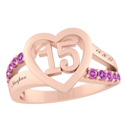 Birthstone Quinceanera Heart Ring (1 Stone and 2 Lines)