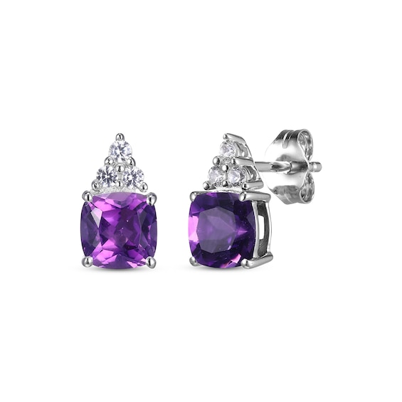 Cushion-Cut Amethyst & Round-Cut White Lab-Created Sapphire Stud Earrings Sterling Silver