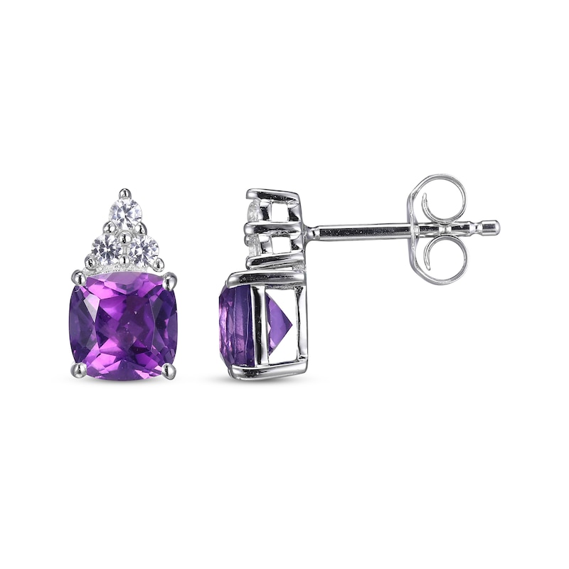 Main Image 3 of Cushion-Cut Amethyst & Round-Cut White Lab-Created Sapphire Stud Earrings Sterling Silver