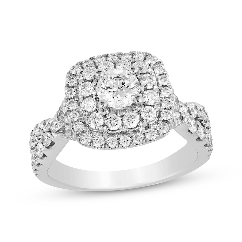 Main Image 1 of Round-Cut Diamond Cushion Frame Twist Engagement Ring 1-3/4 ct tw 14K White Gold