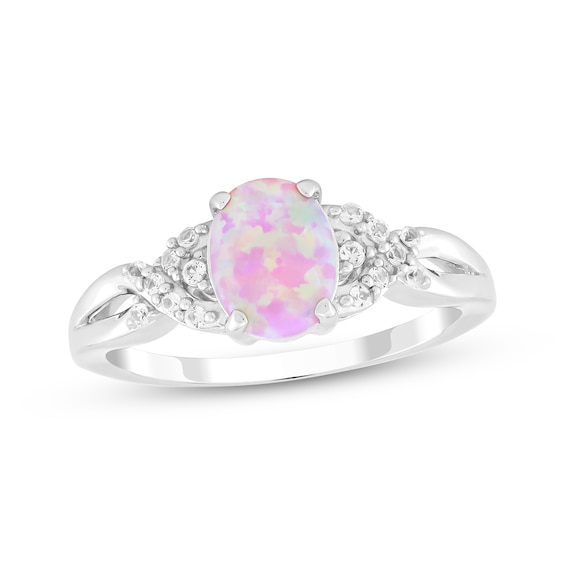 Oval-Cut Pink Lab-Created Opal & White Lab-Created Sapphire Ring Sterling Silver