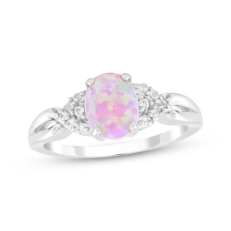 Main Image 1 of Oval-Cut Pink Lab-Created Opal & White Lab-Created Sapphire Ring Sterling Silver