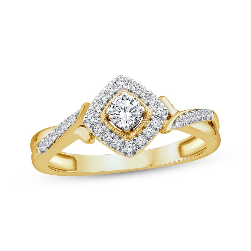 Main Image 1 of Round-Cut Diamond Cushion Halo Engagement Ring 1/3 ct tw 10K Yellow Gold