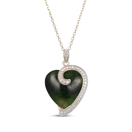 Heart-Shaped Nephrite Jade & Diamond Necklace 1/5 ct tw 14K Yellow Gold 18&quot;