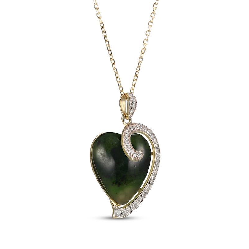 Heart-Shaped Nephrite Jade & Diamond Necklace 1/5 ct tw 14K Yellow Gold 18"
