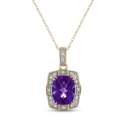 Cushion-Cut Amethyst & Diamond Milgrain Frame Necklace 1/15 ct tw 10K Yellow Gold 18&quot;