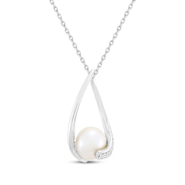 Cultured Pearl & White Lab-Created Sapphire Oval Twist Frame Necklace Sterling Silver 18&quot;