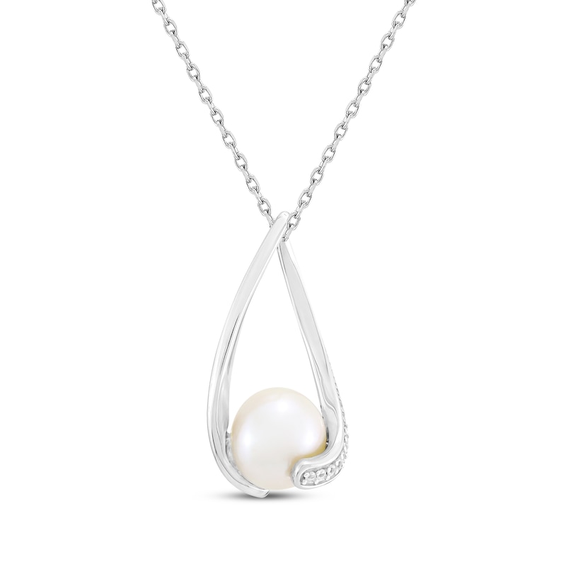 Main Image 1 of Cultured Pearl & White Lab-Created Sapphire Oval Twist Frame Necklace Sterling Silver 18&quot;