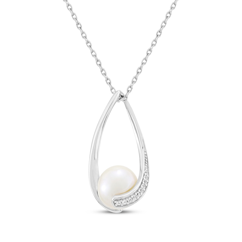 Main Image 2 of Cultured Pearl & White Lab-Created Sapphire Oval Twist Frame Necklace Sterling Silver 18&quot;