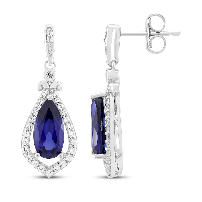 Main Image 3 of Pear-Shaped Blue Lab-Created Sapphire & White Lab-Created Sapphire Dangle Earrings Sterling Silver