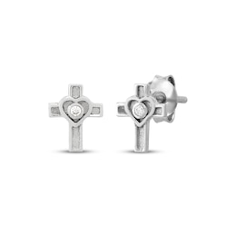 Children's Cubic Zirconia Cross Heart Stud Earrings Sterling Silver