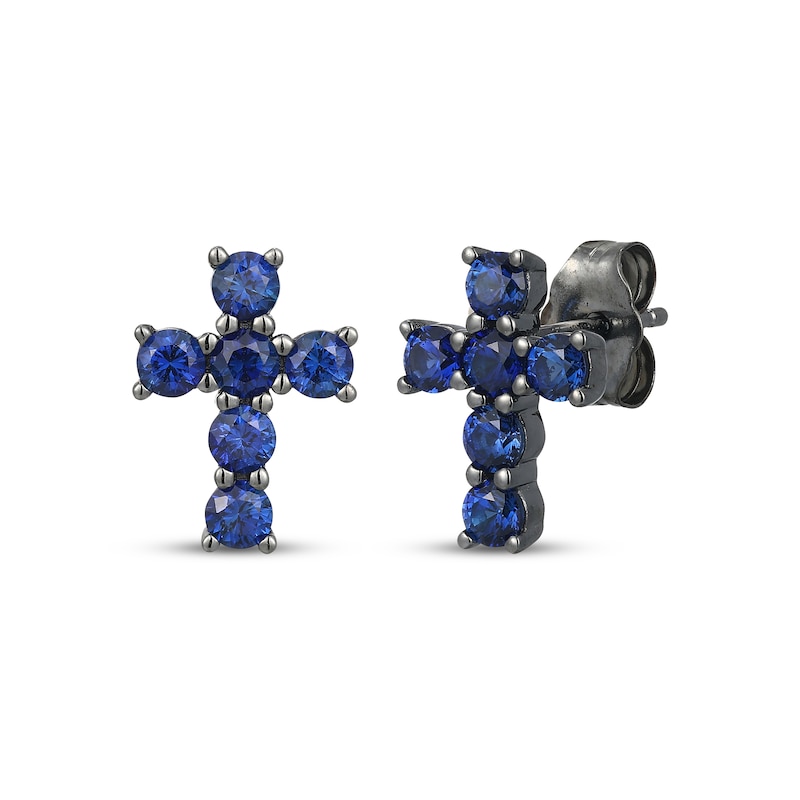 Main Image 1 of Men's Blue Lab-Created Sapphire Cross Stud Earrings Antique Finished Sterling Silver