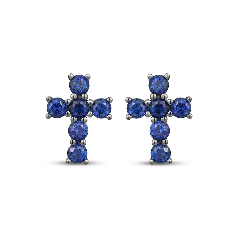 Main Image 2 of Men's Blue Lab-Created Sapphire Cross Stud Earrings Antique Finished Sterling Silver