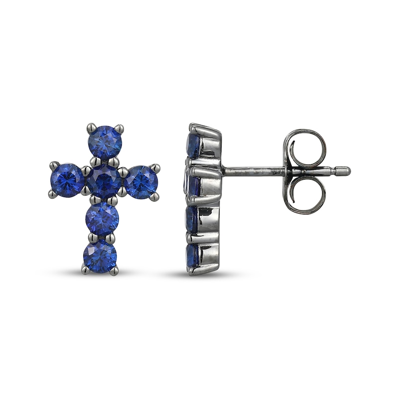 Main Image 3 of Men's Blue Lab-Created Sapphire Cross Stud Earrings Antique Finished Sterling Silver