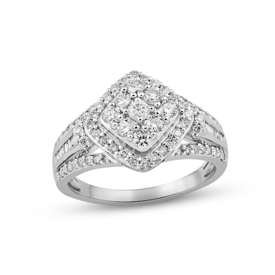 Multi-Diamond Center Ring 1 ct tw Round & Baguette-cut 10K White Gold