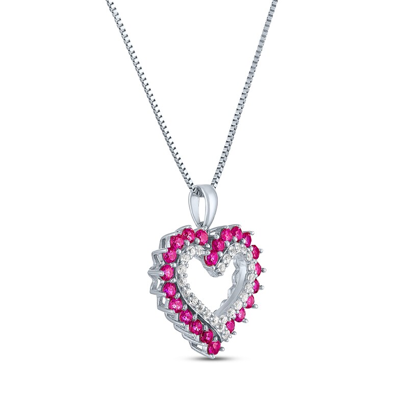 Main Image 2 of Round-Cut Lab-Created Ruby & White Lab-Created Sapphire Open-Heart Necklace Sterling Silver 18“