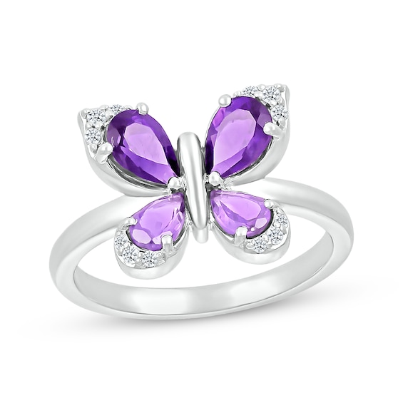 Pear-Shaped Amethyst & White Lab-Created Sapphire Butterfly Ring Sterling Silver
