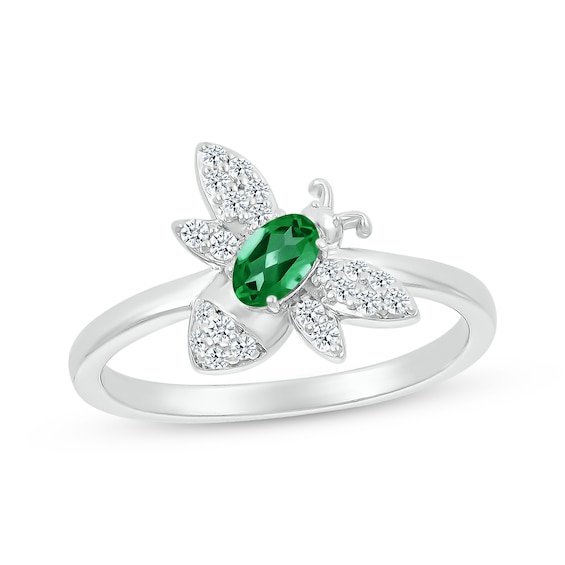 Oval-Cut Lab-Created Emerald & White Lab-Created Sapphire Bee Ring Sterling Silver