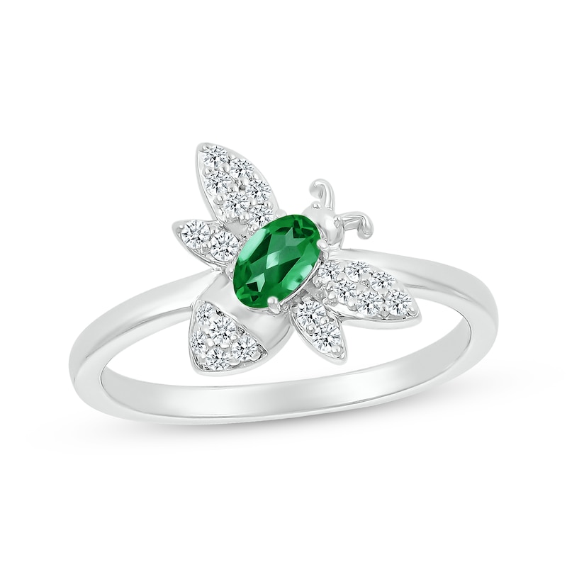 Main Image 1 of Oval-Cut Lab-Created Emerald & White Lab-Created Sapphire Bee Ring Sterling Silver