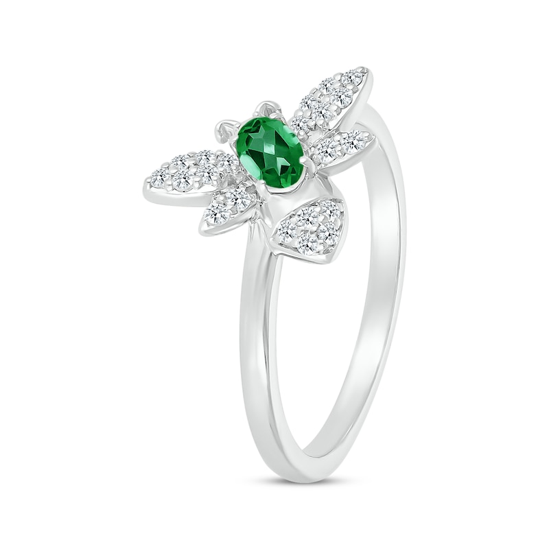 Main Image 2 of Oval-Cut Lab-Created Emerald & White Lab-Created Sapphire Bee Ring Sterling Silver