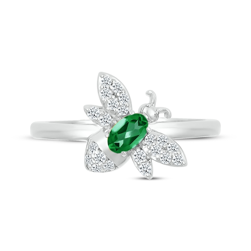 Main Image 4 of Oval-Cut Lab-Created Emerald & White Lab-Created Sapphire Bee Ring Sterling Silver