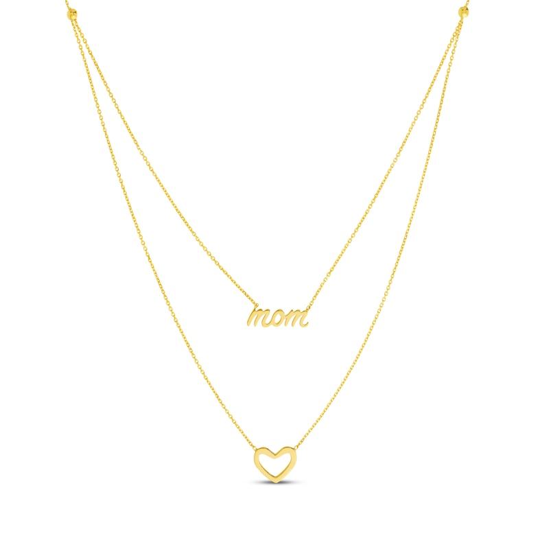 Layered "Mom" Heart Necklace 14K Yellow Gold 18"