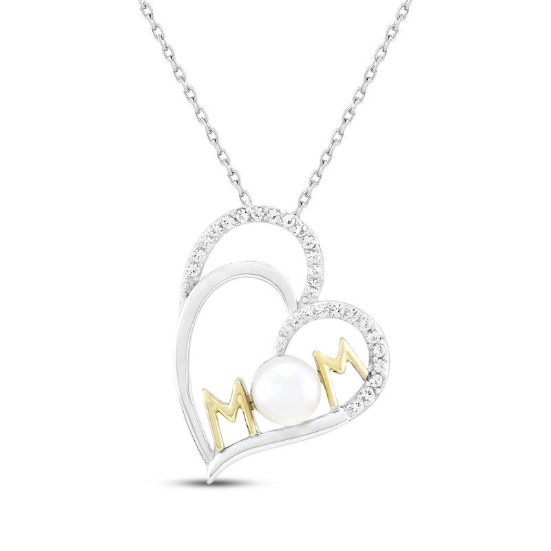 Main Image 1 of Cultured Pearl & White Lab-Created Sapphire &quot;Mom&quot; Double Heart Necklace Sterling Silver & 10K Yellow Gold 18&quot;