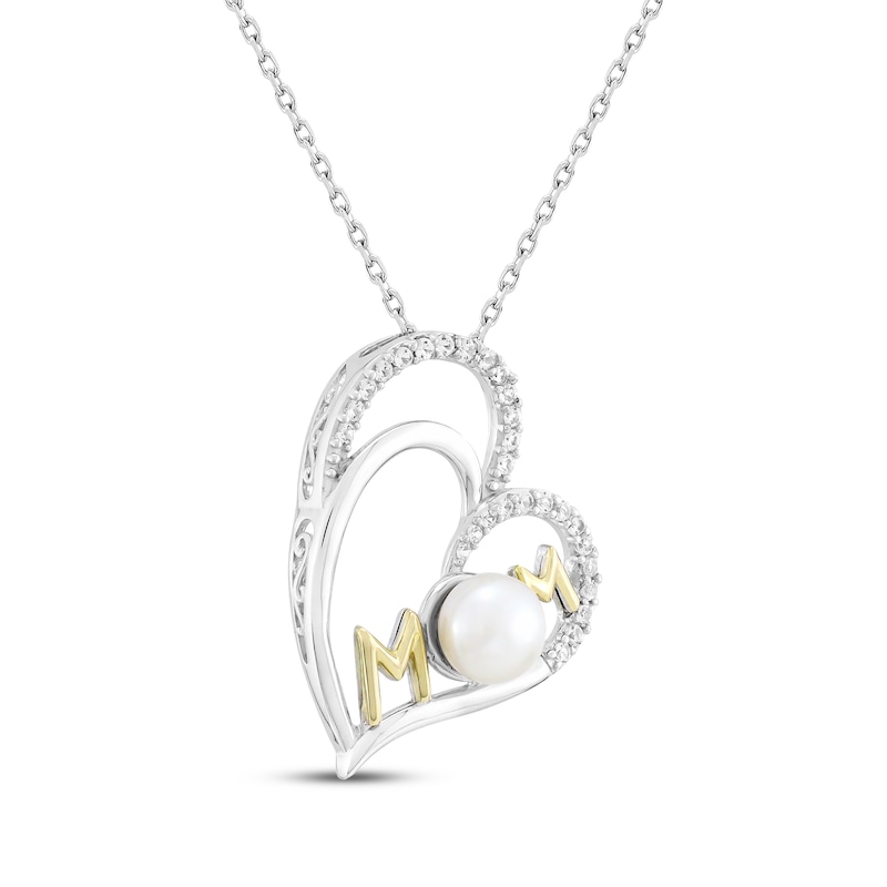 Main Image 2 of Cultured Pearl & White Lab-Created Sapphire &quot;Mom&quot; Double Heart Necklace Sterling Silver & 10K Yellow Gold 18&quot;