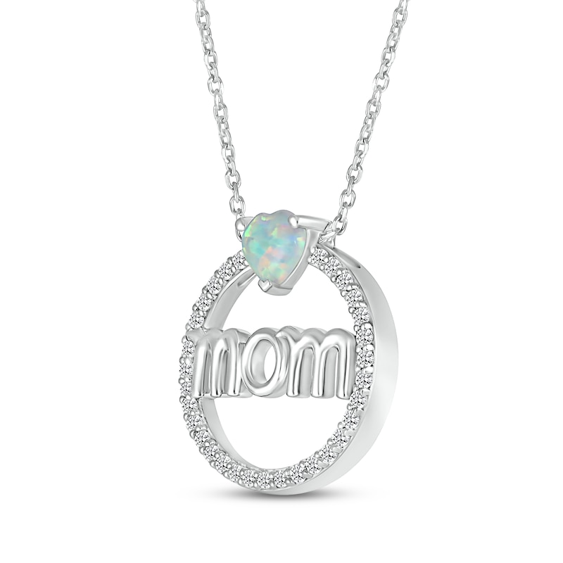 Main Image 2 of Heart-Shaped Lab-Created Opal & White Lab-Created Sapphire &quot;Mom&quot; Necklace Sterling Silver 18&quot;