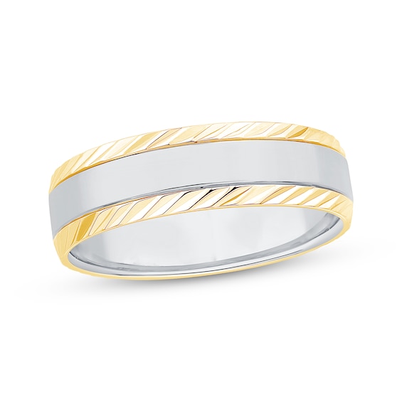 Engraved Edge Wedding Band 10K White Two-Tone 6.1mm