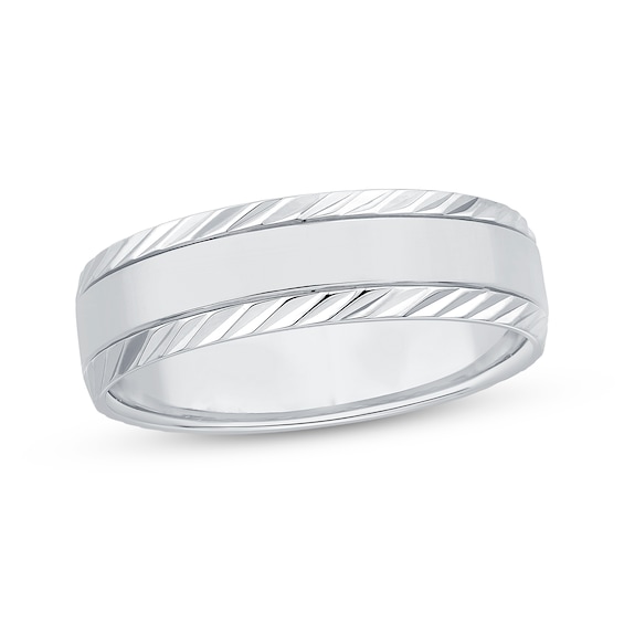 Engraved Edge Wedding Band 10K White Gold 6.1mm