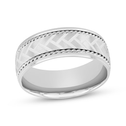 Patterned & Rope-Edged Wedding Band 10K White Gold 8mm